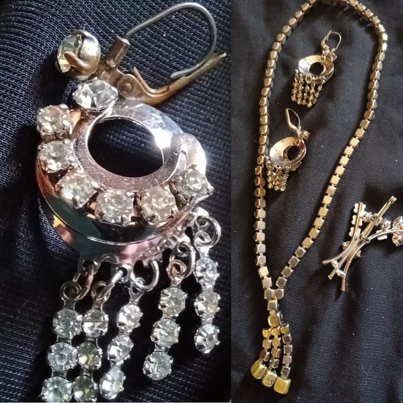 Blingity-bling! Vntg RHINESTONE SET Brooch Earrings Necklace UNWORN - Picture 3 of 3